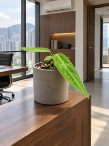 Anthurium warocqueanum 大型植物擺放於香港辦公室室內空間的情境示意圖 / Anthurium warocqueanum large indoor plant styled in a Hong Kong office interior