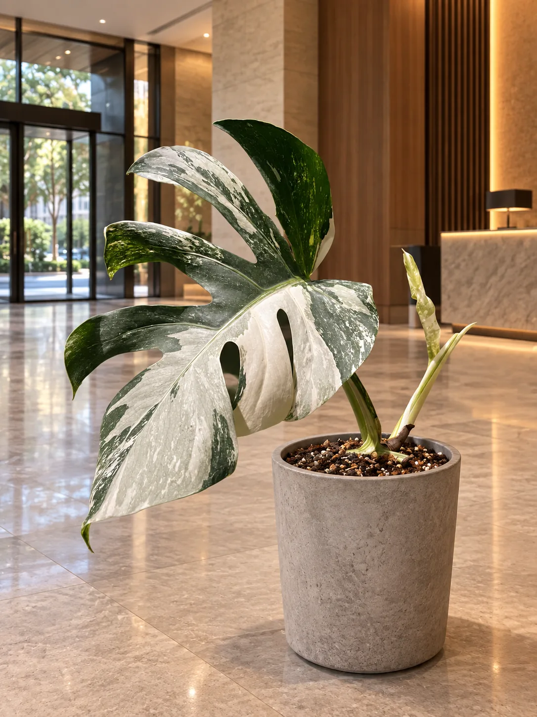 Monstera borsigiana albo variegata 大型植物擺放於香港精品酒店大堂室內空間的情境示意圖 / Monstera borsigiana albo variegata large indoor plant styled in a Hong Kong boutique hotel lobby interior