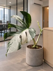 Monstera borsigiana albo variegata 大型植物擺放於香港辦公室室內空間的情境示意圖 / Monstera borsigiana albo variegata large indoor plant styled in a Hong Kong office interior