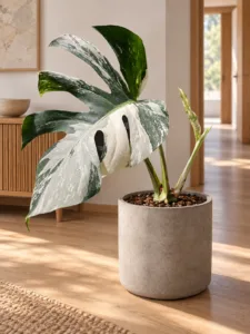 Monstera borsigiana albo variegata 大型植物擺放於日式家居室內空間的情境示意圖 / Monstera borsigiana albo variegata large indoor plant styled in a Japanese home interior