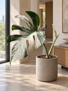 Monstera borsigiana albo variegata 大型植物擺放於半山輕奢家居室內空間的情境示意圖 / Monstera borsigiana albo variegata large indoor plant styled in a Mid-Levels quiet-luxury home interior