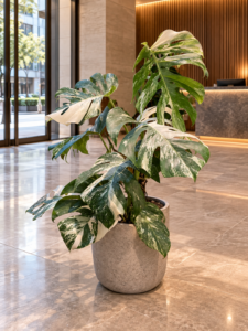 Monstera borsigiana albo variegata 大型植物擺放於香港精品酒店大堂室內空間的情境示意圖 / Monstera borsigiana albo variegata large indoor plant styled in a Hong Kong boutique hotel lobby interior