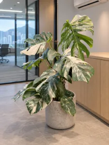 Monstera borsigiana albo variegata 大型植物擺放於香港辦公室室內空間的情境示意圖 / Monstera borsigiana albo variegata large indoor plant styled in a Hong Kong office interior
