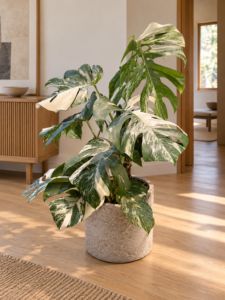 Monstera borsigiana albo variegata 大型植物擺放於日式家居室內空間的情境示意圖 / Monstera borsigiana albo variegata large indoor plant styled in a Japanese home interior