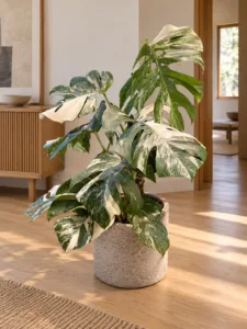 Monstera borsigiana albo variegata 大型植物擺放於日式家居室內空間的情境示意圖 / Monstera borsigiana albo variegata large indoor plant styled in a Japanese home interior