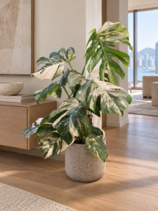 Monstera borsigiana albo variegata 大型植物擺放於半山輕奢家居室內空間的情境示意圖 / Monstera borsigiana albo variegata large indoor plant styled in a Mid-Levels quiet-luxury home interior