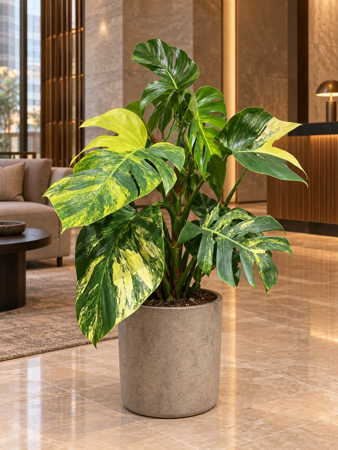 Monstera borsigiana aurea variegata 大型植物擺放於香港精品酒店大堂室內空間的情境示意圖 / Monstera borsigiana aurea variegata large indoor plant styled in a Hong Kong boutique hotel lobby interior