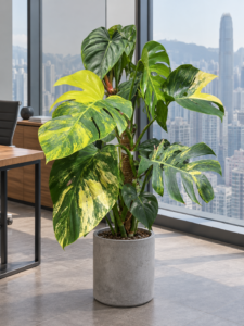 Monstera borsigiana aurea variegata 大型植物擺放於香港辦公室室內空間的情境示意圖 / Monstera borsigiana aurea variegata large indoor plant styled in a Hong Kong office interior