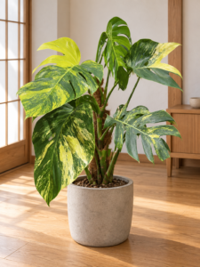 Monstera borsigiana aurea variegata 大型植物擺放於日式家居室內空間的情境示意圖 / Monstera borsigiana aurea variegata large indoor plant styled in a Japanese home interior