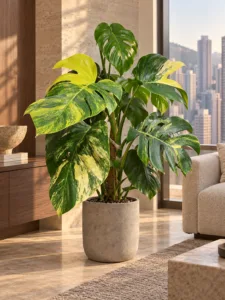 Monstera borsigiana aurea variegata 大型植物擺放於半山輕奢家居室內空間的情境示意圖 / Monstera borsigiana aurea variegata large indoor plant styled in a Mid-Levels quiet-luxury home interior