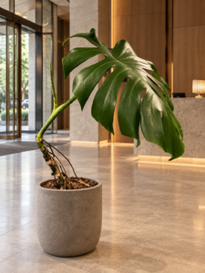 Monstera deliciosa 大型植物擺放於香港精品酒店大堂室內空間的情境示意圖 / Monstera deliciosa large indoor plant styled in a Hong Kong boutique hotel lobby interior