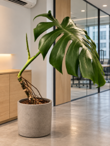 Monstera deliciosa 大型植物擺放於香港辦公室室內空間的情境示意圖 / Monstera deliciosa large indoor plant styled in a Hong Kong office interior