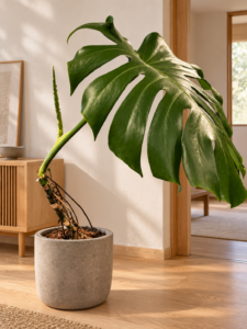 Monstera deliciosa 大型植物擺放於日式家居室內空間的情境示意圖 / Monstera deliciosa large indoor plant styled in a Japanese home interior