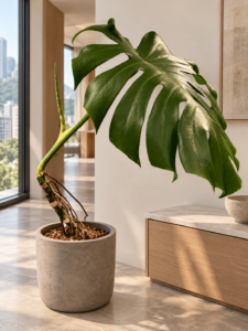 Monstera deliciosa 大型植物擺放於半山輕奢家居室內空間的情境示意圖 / Monstera deliciosa large indoor plant styled in a Mid-Levels quiet-luxury home interior