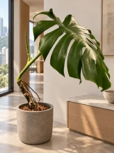 Monstera deliciosa 大型植物擺放於半山輕奢家居室內空間的情境示意圖 / Monstera deliciosa large indoor plant styled in a Mid-Levels quiet-luxury home interior