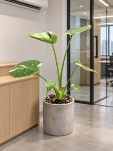 Monstera 'Thai Constellation' 大型植物擺放於香港辦公室室內空間的情境示意圖 / Monstera 'Thai Constellation' large indoor plant styled in a Hong Kong office interior