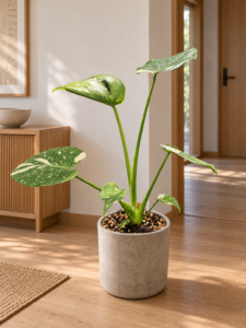Monstera 'Thai Constellation' 大型植物擺放於日式家居室內空間的情境示意圖 / Monstera 'Thai Constellation' large indoor plant styled in a Japanese home interior