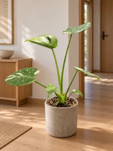Monstera 'Thai Constellation' 大型植物擺放於日式家居室內空間的情境示意圖 / Monstera 'Thai Constellation' large indoor plant styled in a Japanese home interior