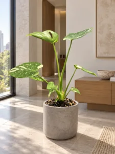 Monstera 'Thai Constellation' 大型植物擺放於半山輕奢家居室內空間的情境示意圖 / Monstera 'Thai Constellation' large indoor plant styled in a Mid-Levels quiet-luxury home interior