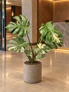 Monstera 'Thai Constellation' 大型植物擺放於香港精品酒店大堂室內空間的情境示意圖 / Monstera 'Thai Constellation' large indoor plant styled in a Hong Kong boutique hotel lobby interior