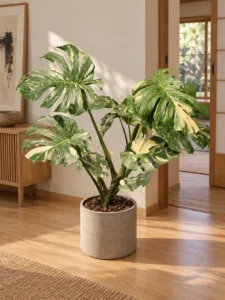 Monstera 'Thai Constellation' 大型植物擺放於日式家居室內空間的情境示意圖 / Monstera 'Thai Constellation' large indoor plant styled in a Japanese home interior