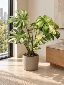 Monstera 'Thai Constellation' 大型植物擺放於半山輕奢家居室內空間的情境示意圖 / Monstera 'Thai Constellation' large indoor plant styled in a Mid-Levels quiet-luxury home interior