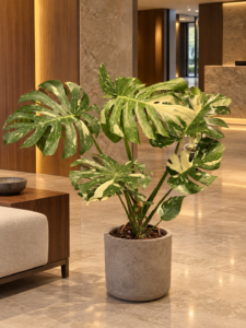 Monstera 'Thai Constellation' 大型植物擺放於香港精品酒店大堂室內空間的情境示意圖 / Monstera 'Thai Constellation' large indoor plant styled in a Hong Kong boutique hotel lobby interior