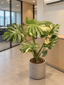 Monstera 'Thai Constellation' 大型植物擺放於香港辦公室室內空間的情境示意圖 / Monstera 'Thai Constellation' large indoor plant styled in a Hong Kong office interior