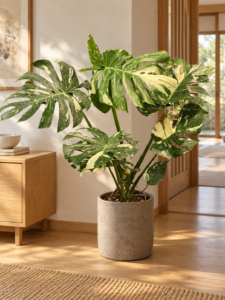 Monstera 'Thai Constellation' 大型植物擺放於日式家居室內空間的情境示意圖 / Monstera 'Thai Constellation' large indoor plant styled in a Japanese home interior
