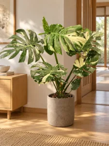 Monstera 'Thai Constellation' 大型植物擺放於日式家居室內空間的情境示意圖 / Monstera 'Thai Constellation' large indoor plant styled in a Japanese home interior