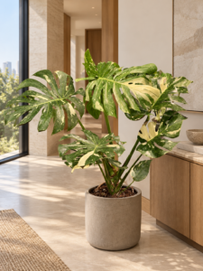 Monstera 'Thai Constellation' 大型植物擺放於半山輕奢家居室內空間的情境示意圖 / Monstera 'Thai Constellation' large indoor plant styled in a Mid-Levels quiet-luxury home interior