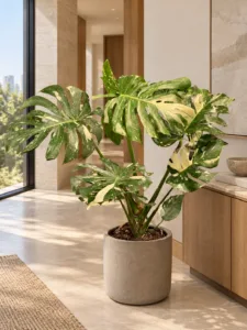 Monstera 'Thai Constellation' 大型植物擺放於半山輕奢家居室內空間的情境示意圖 / Monstera 'Thai Constellation' large indoor plant styled in a Mid-Levels quiet-luxury home interior