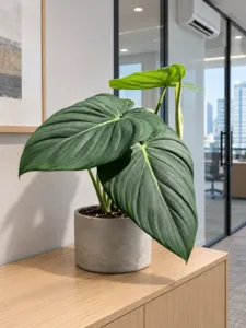 Philodendron 'Dean McDowell' 大型植物擺放於香港辦公室室內空間的情境示意圖 / Philodendron 'Dean McDowell' large indoor plant styled in a Hong Kong office interior