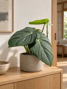 Philodendron 'Dean McDowell' 大型植物擺放於日式家居室內空間的情境示意圖 / Philodendron 'Dean McDowell' large indoor plant styled in a Japanese home interior