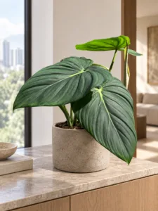Philodendron 'Dean McDowell' 大型植物擺放於半山輕奢家居室內空間的情境示意圖 / Philodendron 'Dean McDowell' large indoor plant styled in a Mid-Levels quiet-luxury home interior