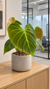 Philodendron 'El Choco Red' 大型植物擺放於香港辦公室室內空間的情境示意圖 / Philodendron 'El Choco Red' large indoor plant styled in a Hong Kong office interior