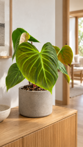 Philodendron 'El Choco Red' 大型植物擺放於日式家居室內空間的情境示意圖 / Philodendron 'El Choco Red' large indoor plant styled in a Japanese home interior