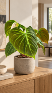 Philodendron 'El Choco Red' 大型植物擺放於半山輕奢家居室內空間的情境示意圖 / Philodendron 'El Choco Red' large indoor plant styled in a Mid-Levels quiet-luxury home interior