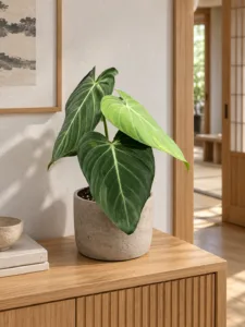 Philodendron 'Glorious' 大型植物擺放於日式家居室內空間的情境示意圖 / Philodendron 'Glorious' large indoor plant styled in a Japanese home interior