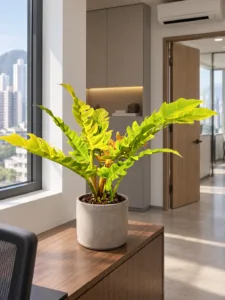 Philodendron 'Golden Crocodile' 大型植物擺放於香港辦公室室內空間的情境示意圖 / Philodendron 'Golden Crocodile' large indoor plant styled in a Hong Kong office interior
