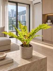 Philodendron 'Golden Crocodile' 大型植物擺放於半山輕奢家居室內空間的情境示意圖 / Philodendron 'Golden Crocodile' large indoor plant styled in a Mid-Levels quiet-luxury home interior