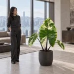 Alocasia Black Stem Varieata 大型植物置於半山低飽和輕奢家居人物觀賞場景，一位人物正在自然觀賞植物的情境示意圖 / Alocasia Black Stem Varieata styled in a Mid-Levels quiet-luxury home with an observer, with one person naturally observing it