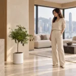 Australian finger lime | Large floor plant 大型植物置於半山低飽和輕奢家居人物觀賞場景，一位人物正在自然觀賞植物的情境示意圖 / Australian finger lime | Large floor plant styled in a Mid-Levels quiet-luxury home with an observer, with one person naturally observing it