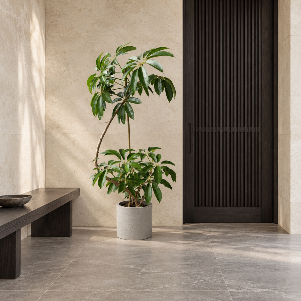 Australian umbrella tree 大型植物置於日式侘寂玄關的情境示意圖 / Australian umbrella tree styled in a Japanese wabi-sabi entryway