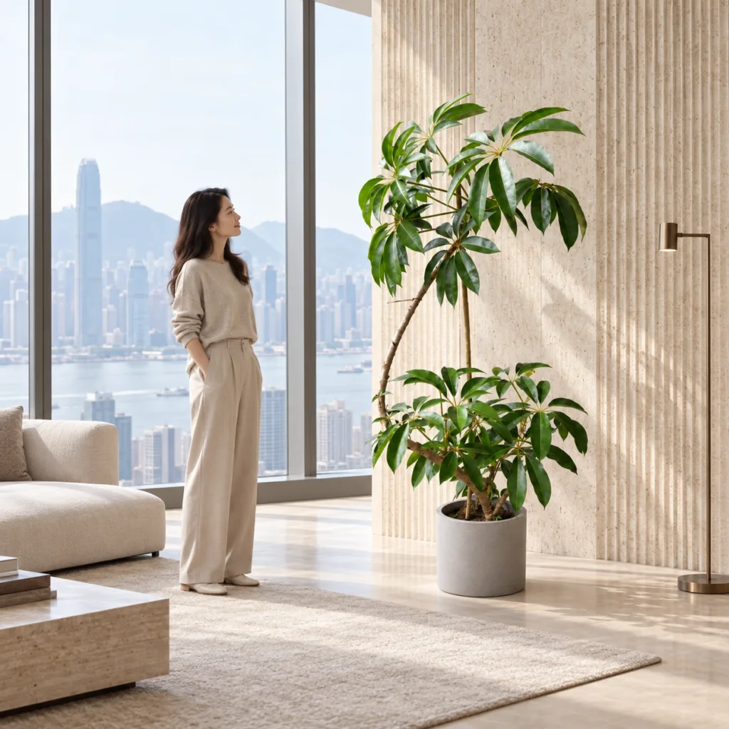 Australian umbrella tree 大型植物置於半山低飽和輕奢家居人物觀賞場景,一位人物正在自然觀賞植物的情境示意圖 / Australian umbrella tree styled in a Mid-Levels quiet-luxury home with an observer, with one person naturally observing it