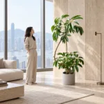 Australian umbrella tree 大型植物置於半山低飽和輕奢家居人物觀賞場景，一位人物正在自然觀賞植物的情境示意圖 / Australian umbrella tree styled in a Mid-Levels quiet-luxury home with an observer, with one person naturally observing it