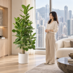 Banyan fig | Large floor plant 大型植物置於半山低飽和輕奢家居人物觀賞場景，一位人物正在自然觀賞植物的情境示意圖 / Banyan fig | Large floor plant styled in a Mid-Levels quiet-luxury home with an observer, with one person naturally observing it