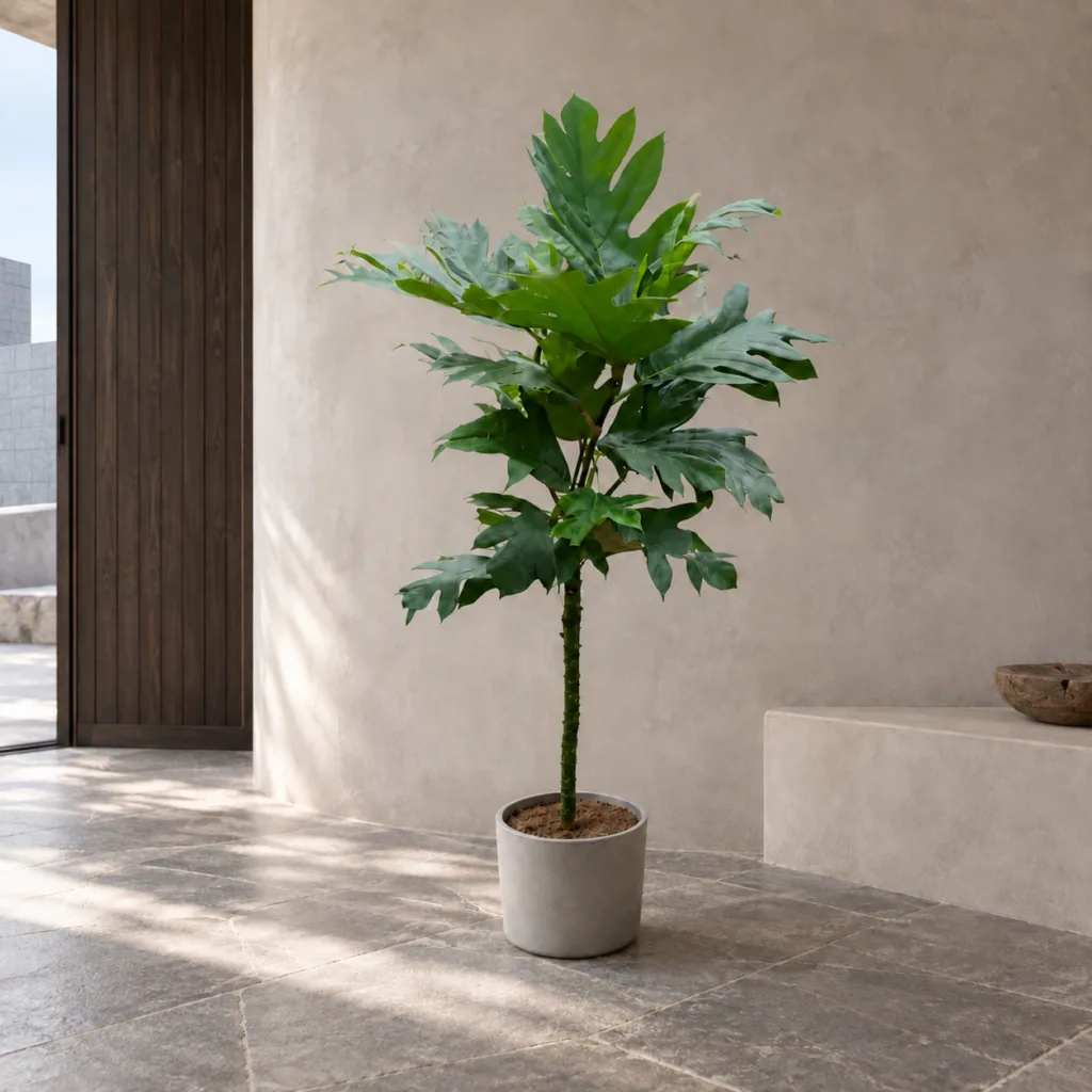 Breadfruit 大型植物置於日式侘寂玄關的情境示意圖 / Breadfruit styled in a Japanese wabi-sabi entryway