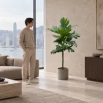 Breadfruit 大型植物置於半山低飽和輕奢家居人物觀賞場景，一位人物正在自然觀賞植物的情境示意圖 / Breadfruit styled in a Mid-Levels quiet-luxury home with an observer, with one person naturally observing it