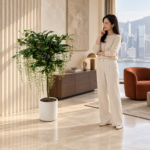 Bridal veil clerodendrum | Large floor plant 大型植物置於半山低飽和輕奢家居人物觀賞場景，一位人物正在自然觀賞植物的情境示意圖 / Bridal veil clerodendrum | Large floor plant styled in a Mid-Levels quiet-luxury home with an observer, with one person naturally observing it